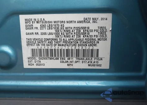 2014 Mitsubishi Outlander Sport Es z USA, uszkodzony, nr VIN 4A4AP3AU7EE030523